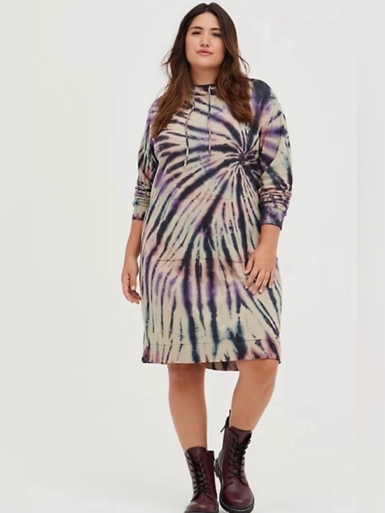 torrid Dresses & Skirts - Torrid Long Sleeve Hooded Dress French Terry Multi Tie Dye Size 1X 14-16 New Tag